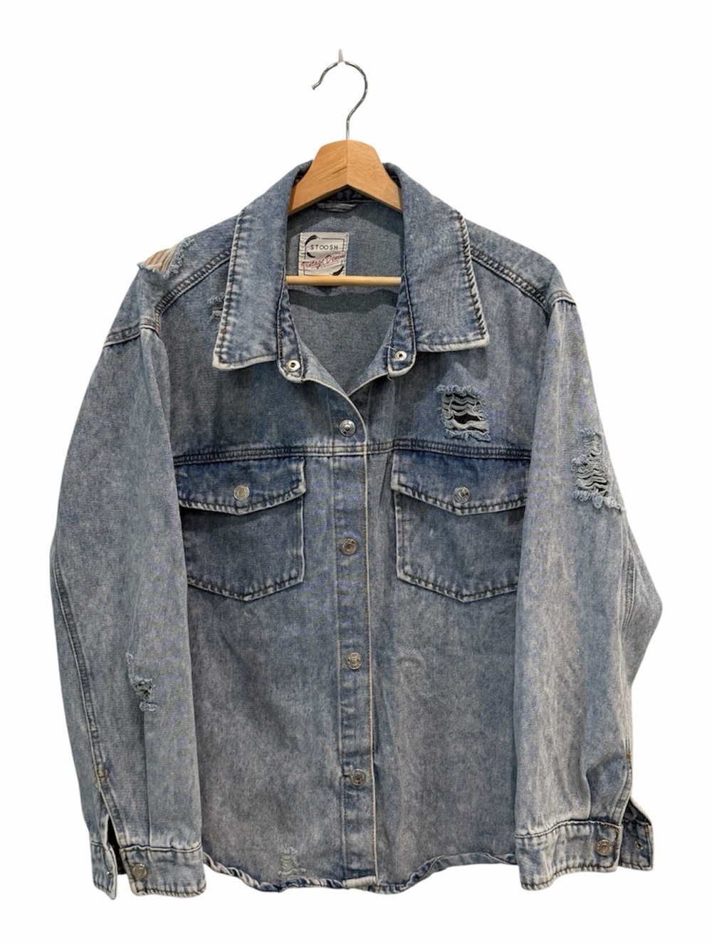 Vintage Inspired Distressed Light Blue Denim Jacket 100% Cotton Size XL